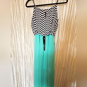 Chevron Print Long Dress Teal Black White- Women's Size S